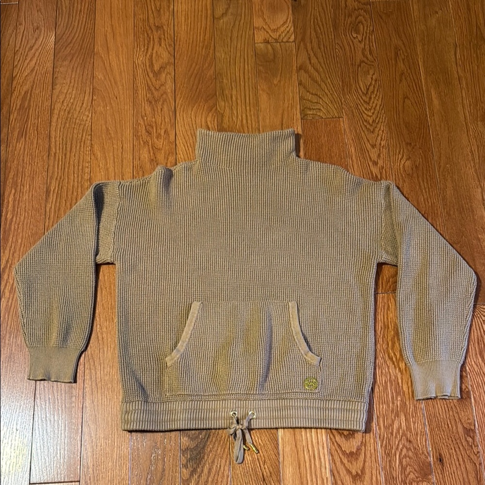 Tan Cowl Neck Sweater with Ribbed Hem